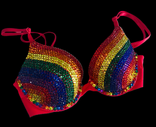 Rainbow Rhinestone Crystal T-Shirt Bra In Red