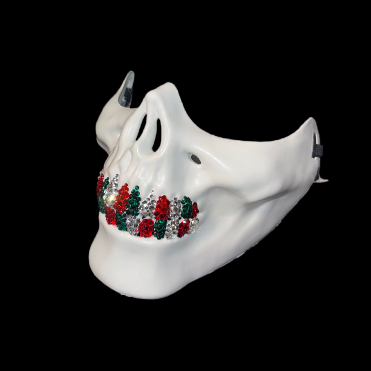 White Half Skull Mask With Emerald Green Red & Crystal Grillz