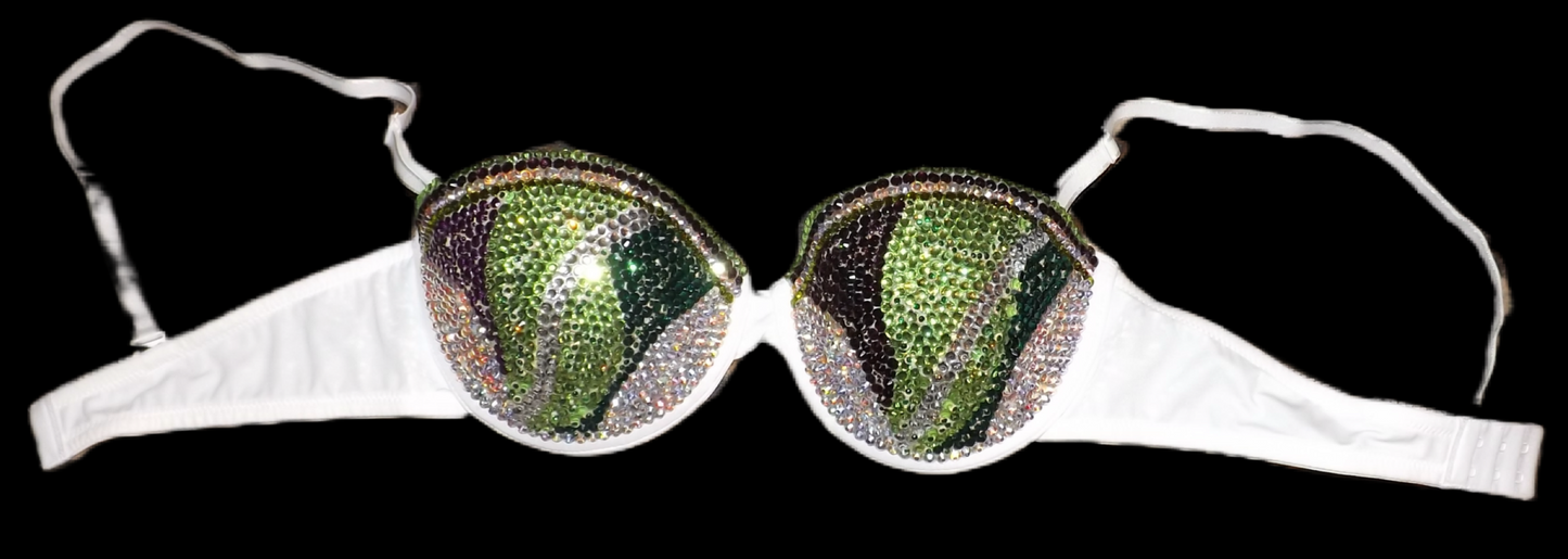 Green Purple Mix Swirls Crystal Rhinestone Strapless Bra In White