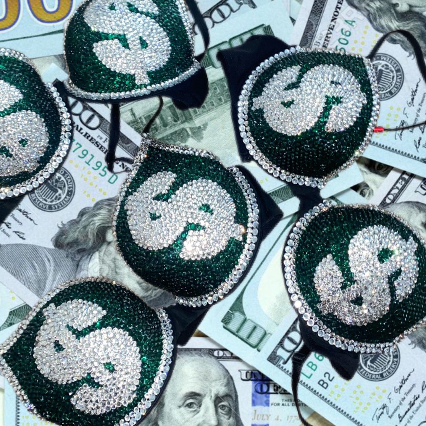 Emerald Green & Luxe Crystal Money T-Shirt Bra In Black