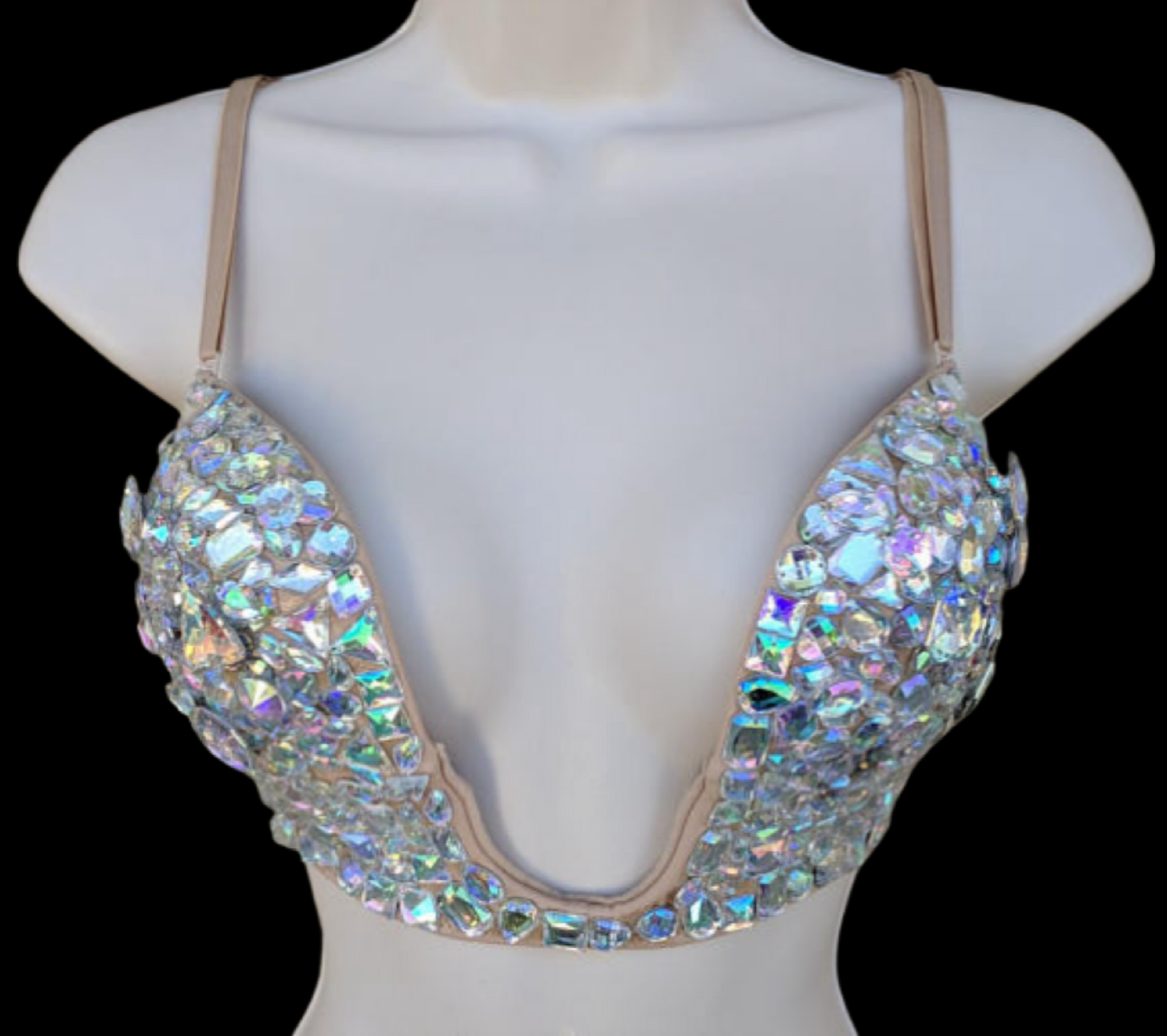 Crystal AB Iridescent Diamond Wireless V-Plunge Bra In Nude