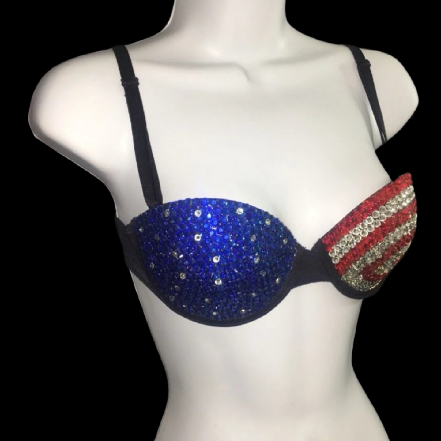 USA Theme Rhinestone Crystal Strapless Bra In Black