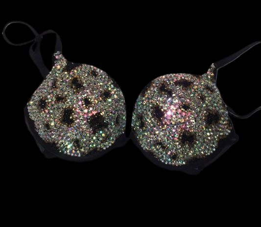 Rhinestone Crystal Leopard Print Design T-Shirt Bra In Black