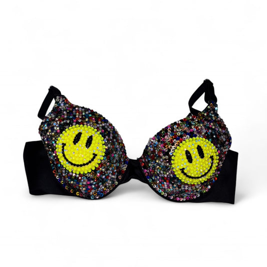 Smiley Face Multi Colour Black Crystal Bra Top Size 34B