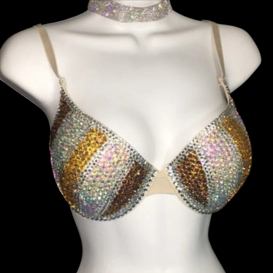 Gold Mix Pinstripe Crystal Rhinestone T-Shirt Bra In Nude
