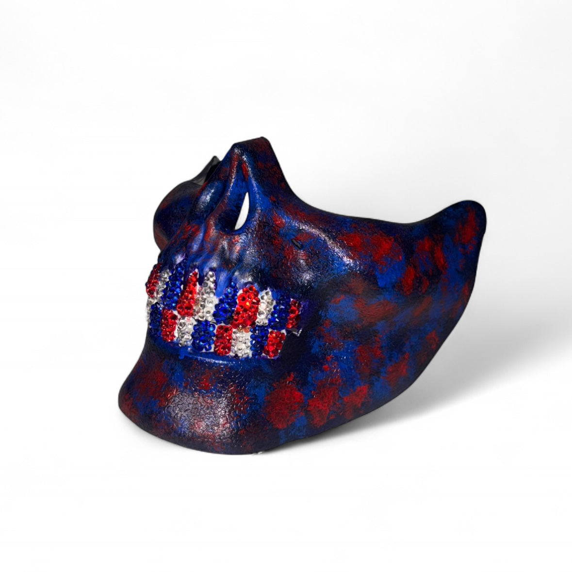 Blue & Red Half Skull Mask With Sapphire Blue Crystal Grillzzzz