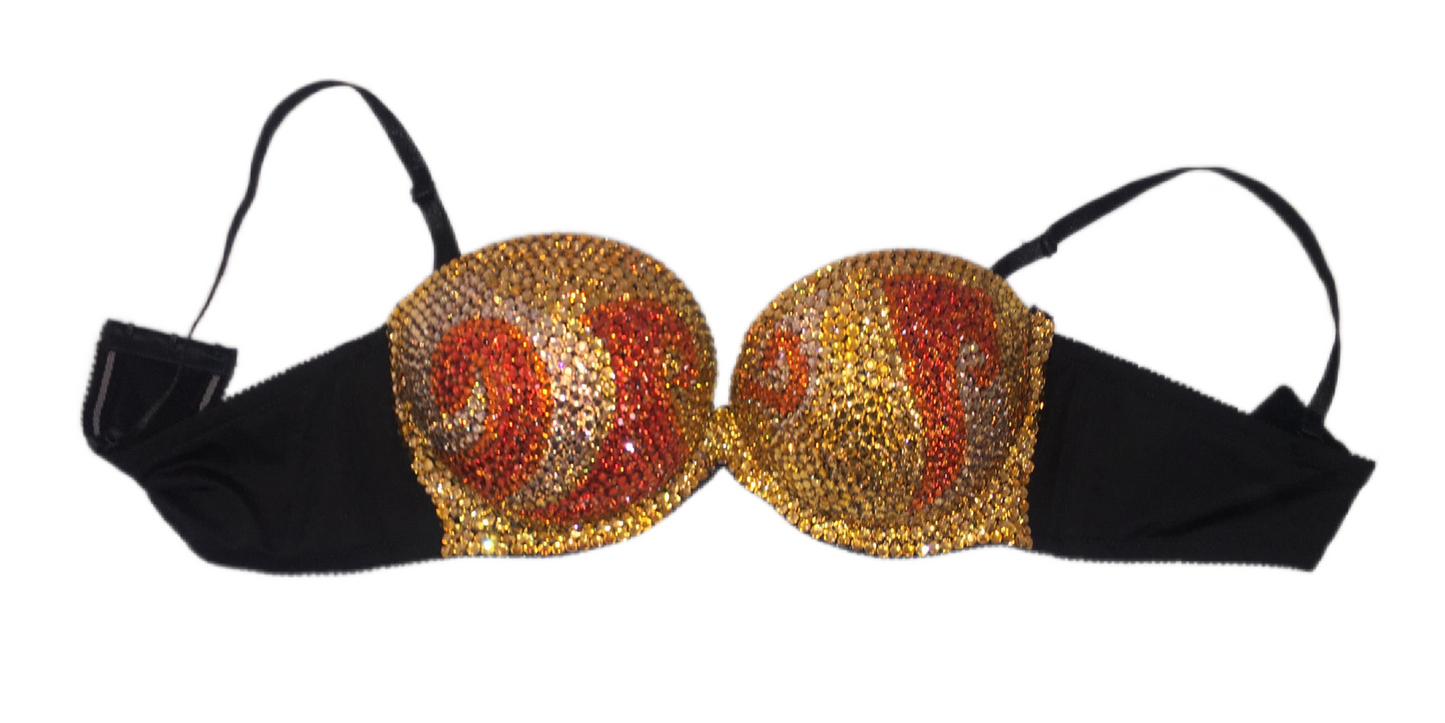 Orange & Gold Crystal Swirls Strapless Bra In Black