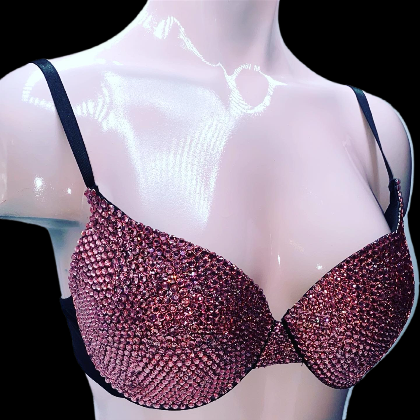 Rose Pink Rhinestone Crystal T-Shirt Bra In Black