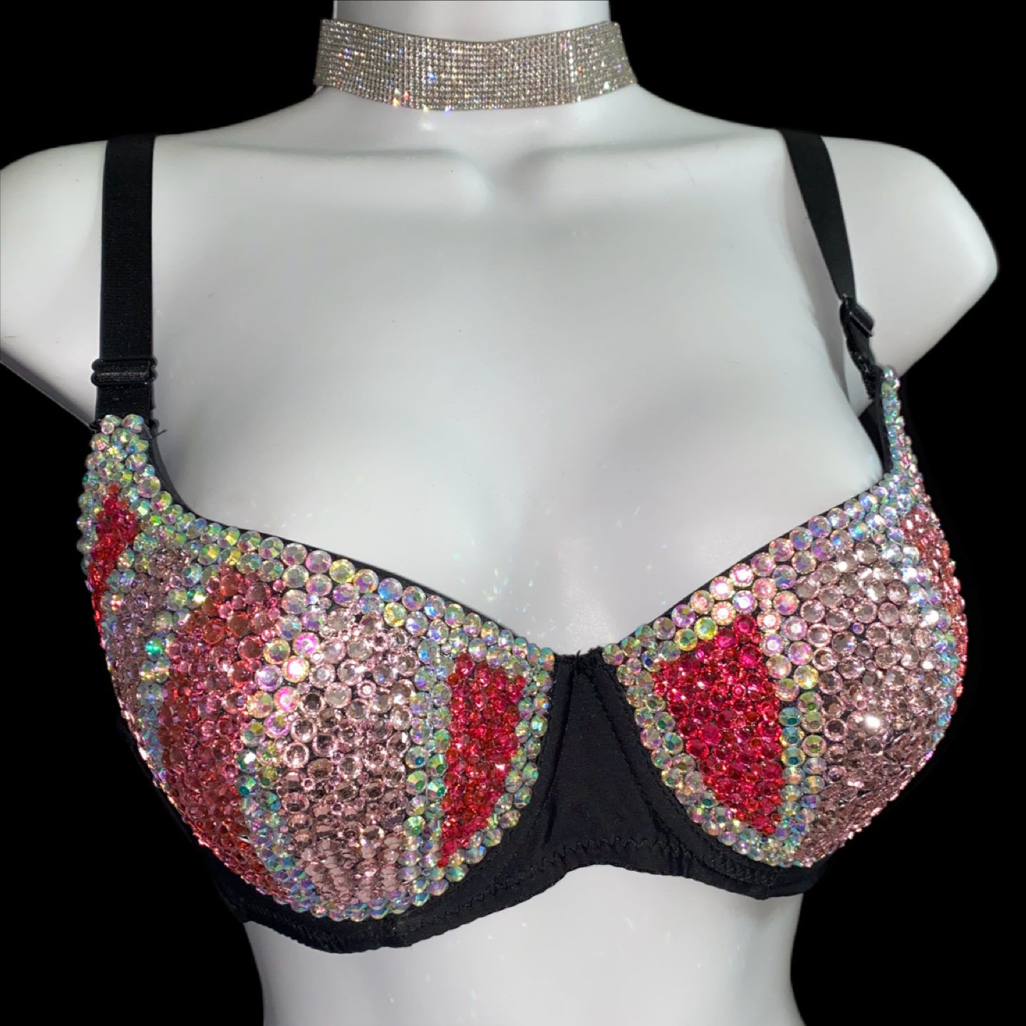 Pink Mix Rhinestone Crystal Pin Stripe T-Shirt Bra In Black