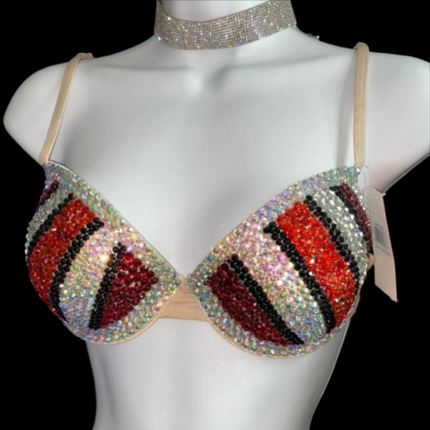 Siam Red AB Rhinestone Crystal Pin Stripe T-Shirt Bra In Nude