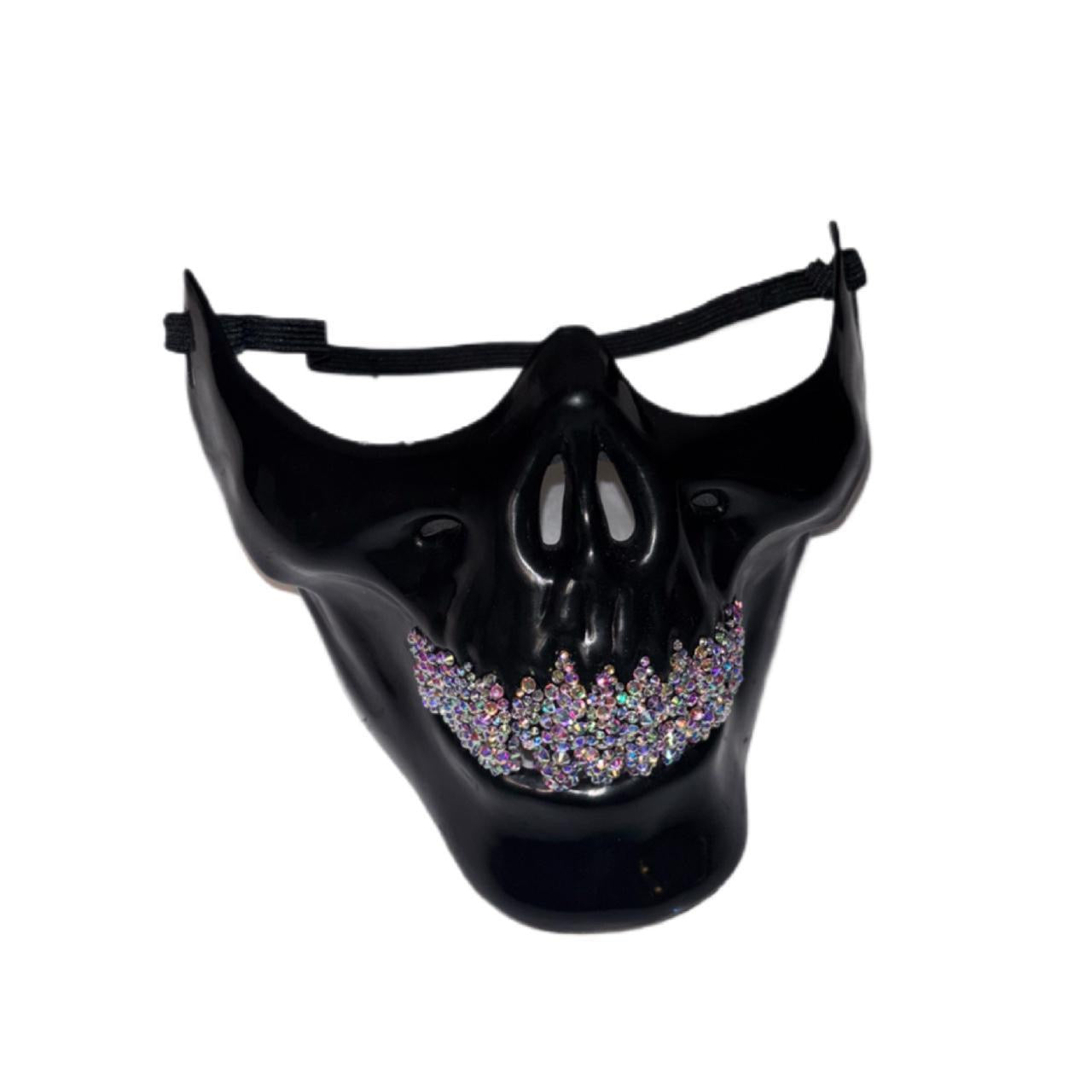 Black Half Skull Mask With Crystal AB Iridescent Grillz