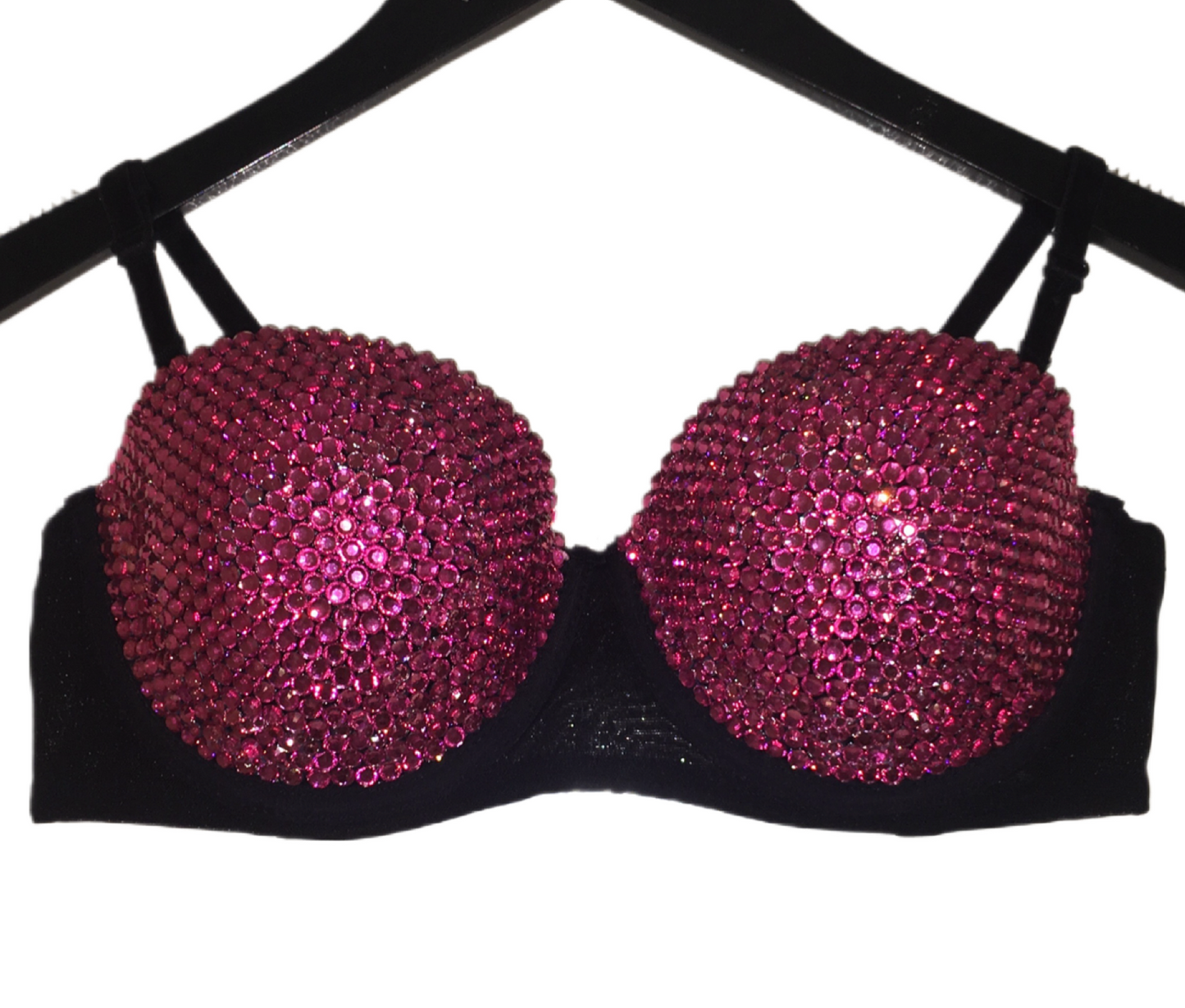 Fuchsia Pink Crystal Rhinestone Strapless Bra In Black