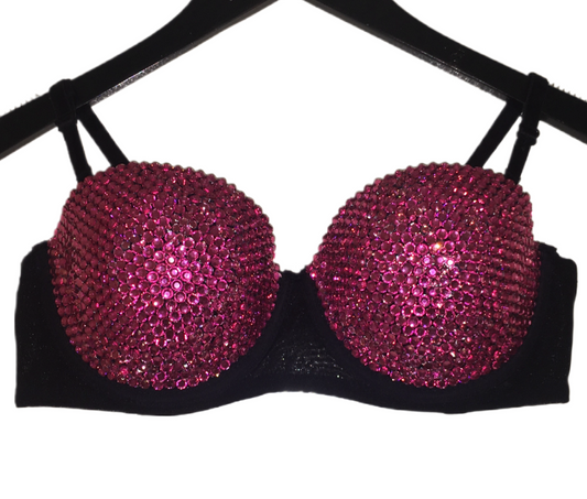 Fuchsia Pink Crystal Rhinestone Strapless Bra In Black