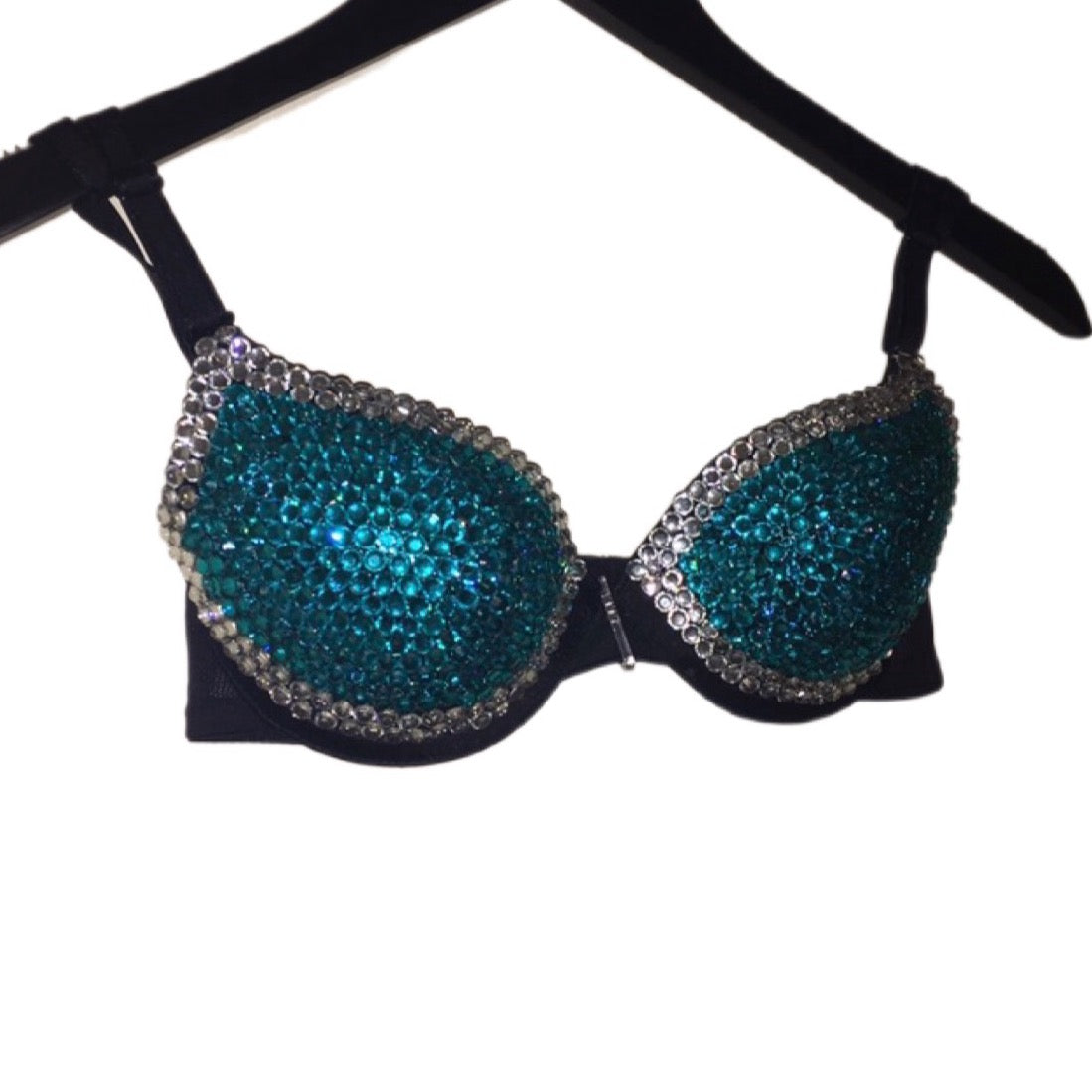 Teal Blue Zircon & Crystal Rhinestone Duo T-Shirt Bra In Black