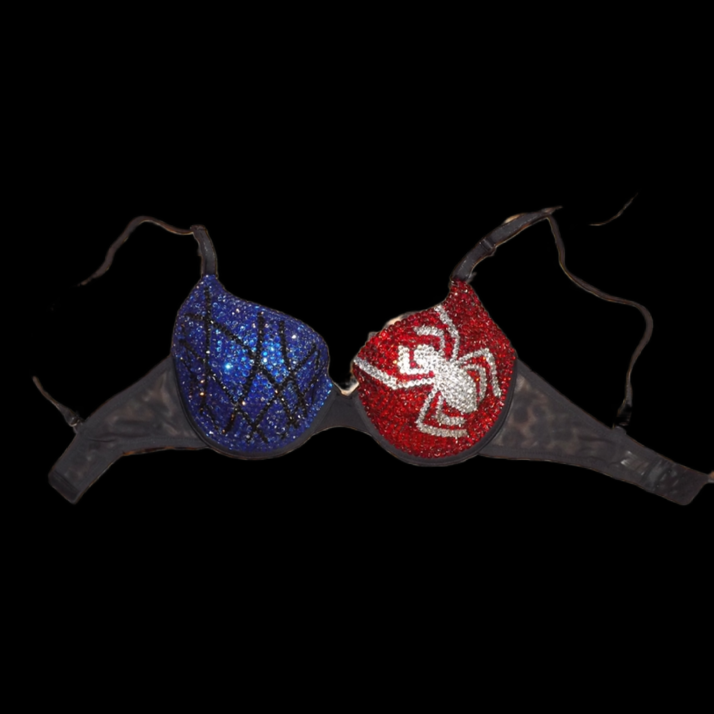 Red Black & Blue Crystal Rhinestone Spider Theme T-Shirt Bra In Black