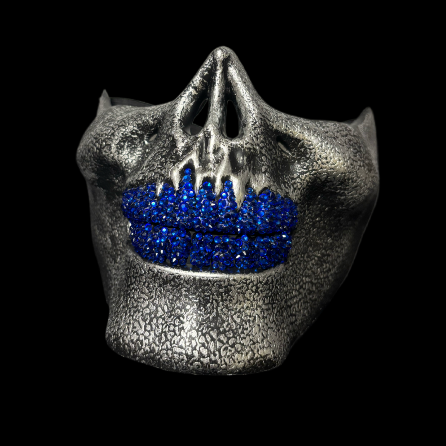 Vintage Silver Half Skull Mask With Sapphire Blue Crystal Grillz