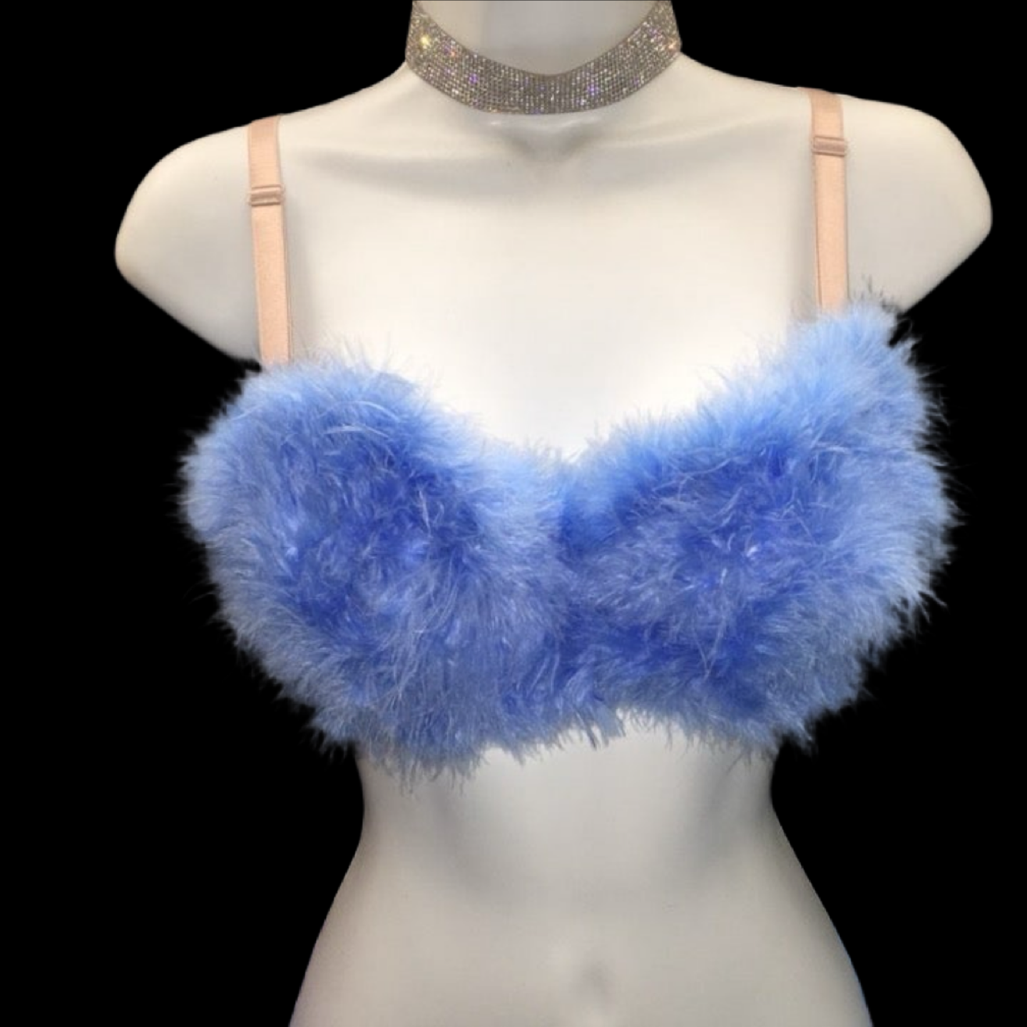 Light Blue Fluffy Feather Bra In Nude