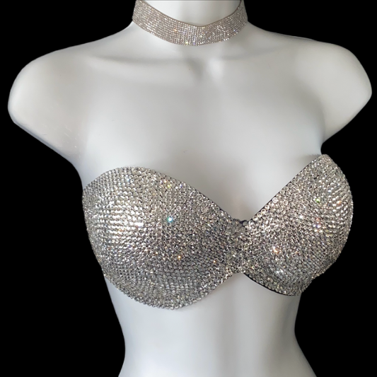 Luxe Crystal Diamond Strapless Bralet In Black