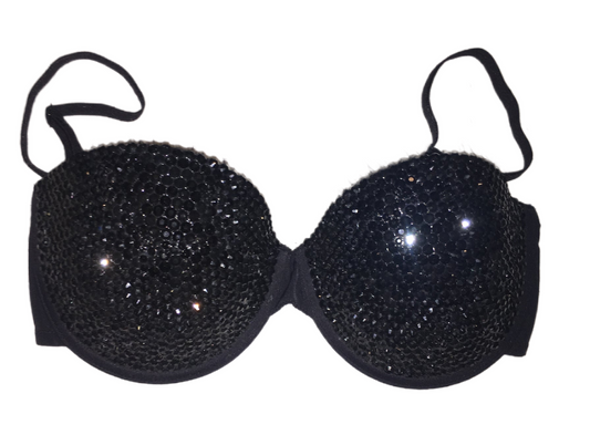 Jet Black Crystal Rhinestone Strapless Bra In Black