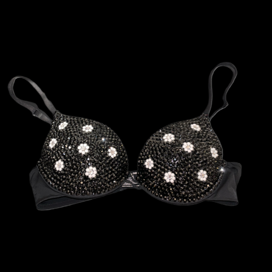 Black And White Daisy Rhinestone Crystal T-Shirt Bra In Black