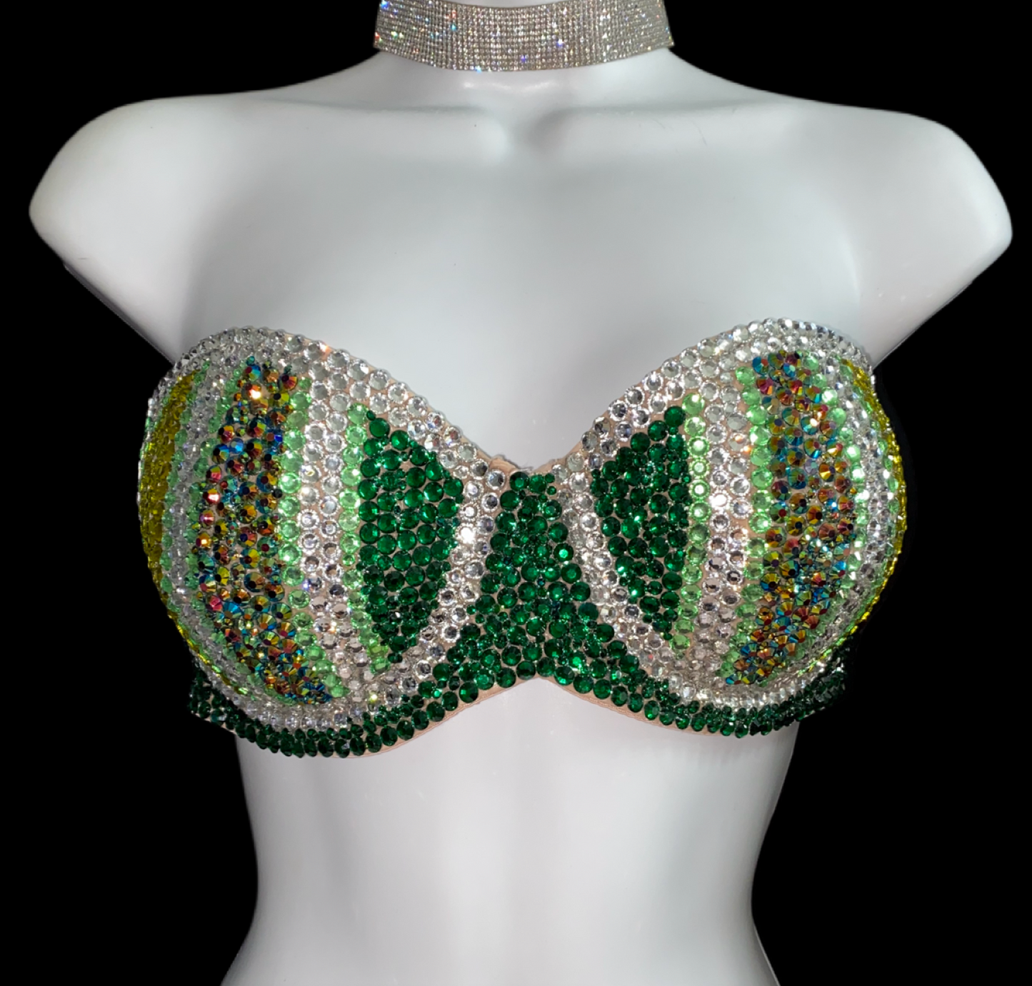 Green Pin Stripe Crystal Rhinestone Strapless Bra In Nude
