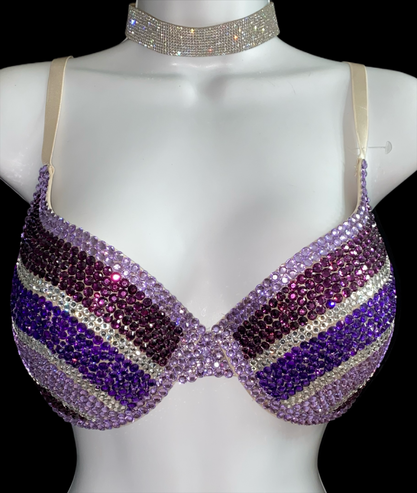 Purple Mix Crystal Rhinestone Pin Stripe T-Shirt Bra In Nude
