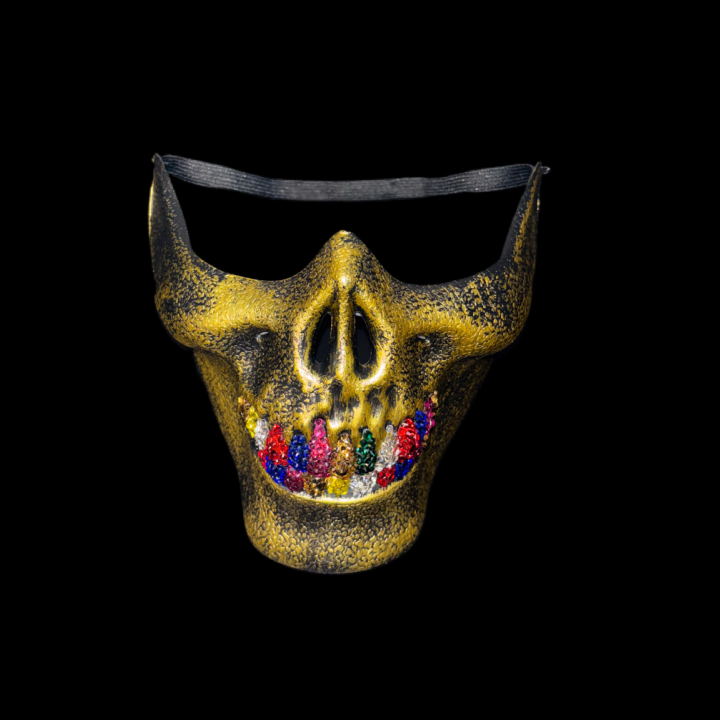 Vintage Gold Half Skull Mask With Royal Mix Crystal Grillz