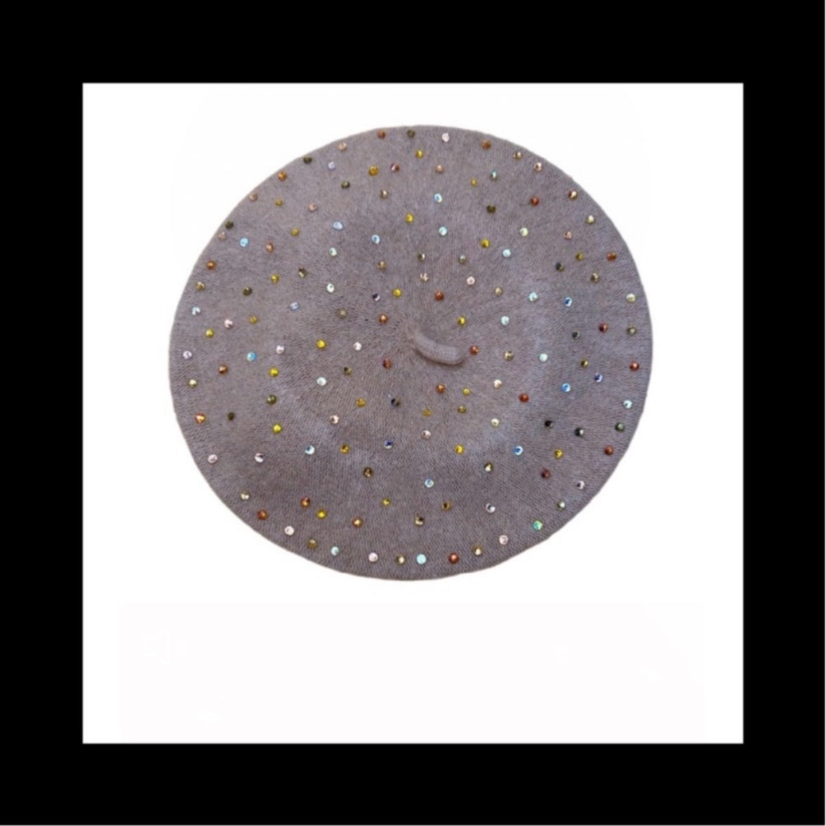 Beret Hat In Beige With Gold Tone Luxe Crystals