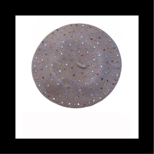 Beret Hat In Beige With Gold Tone Luxe Crystals