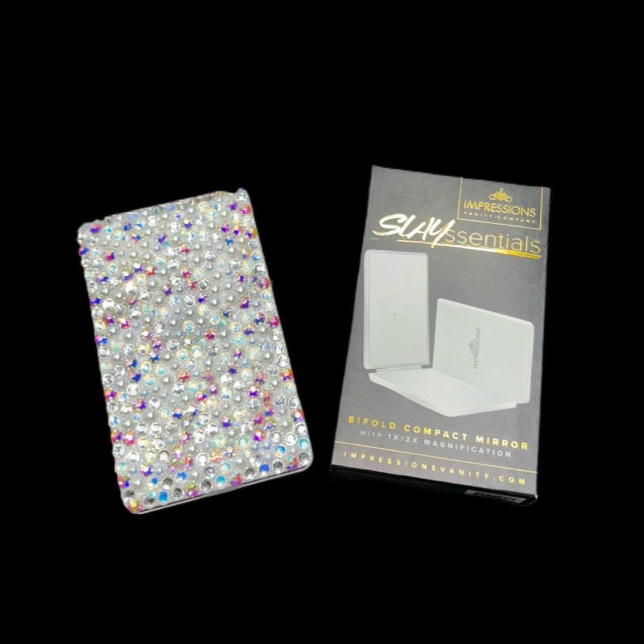 White Luminous Crystal AB Iridescent Luxe Crystals & Pearls Bling Compact Mirror