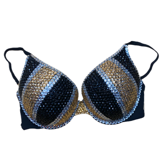 Gold & Black Mix Pinstripe Crystal Rhinestone T-Shirt Bra In Black