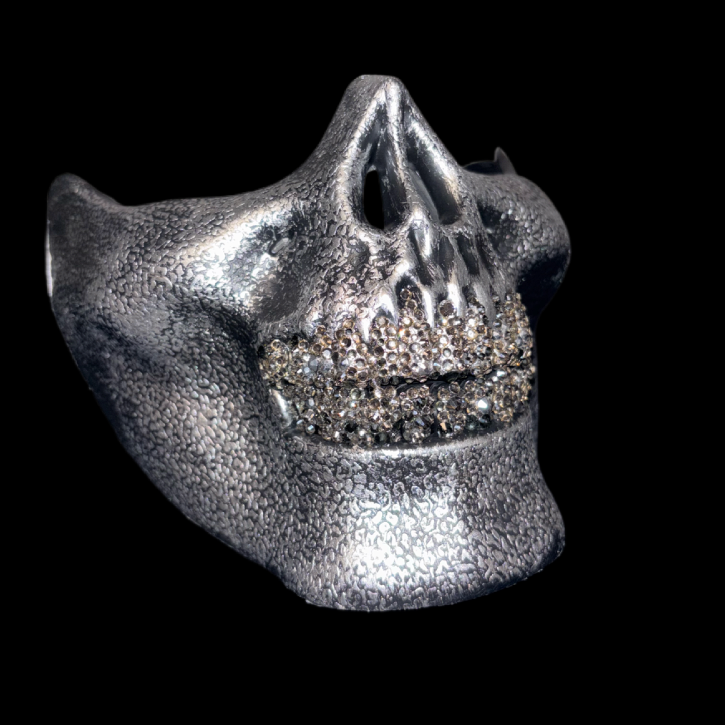 Vintage Silver Half Skull Mask With Platinum Silver Crystal Grillz