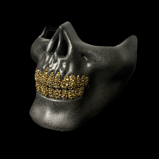 Black Half Skull Mask With Platinum Gold Crystal Grillz