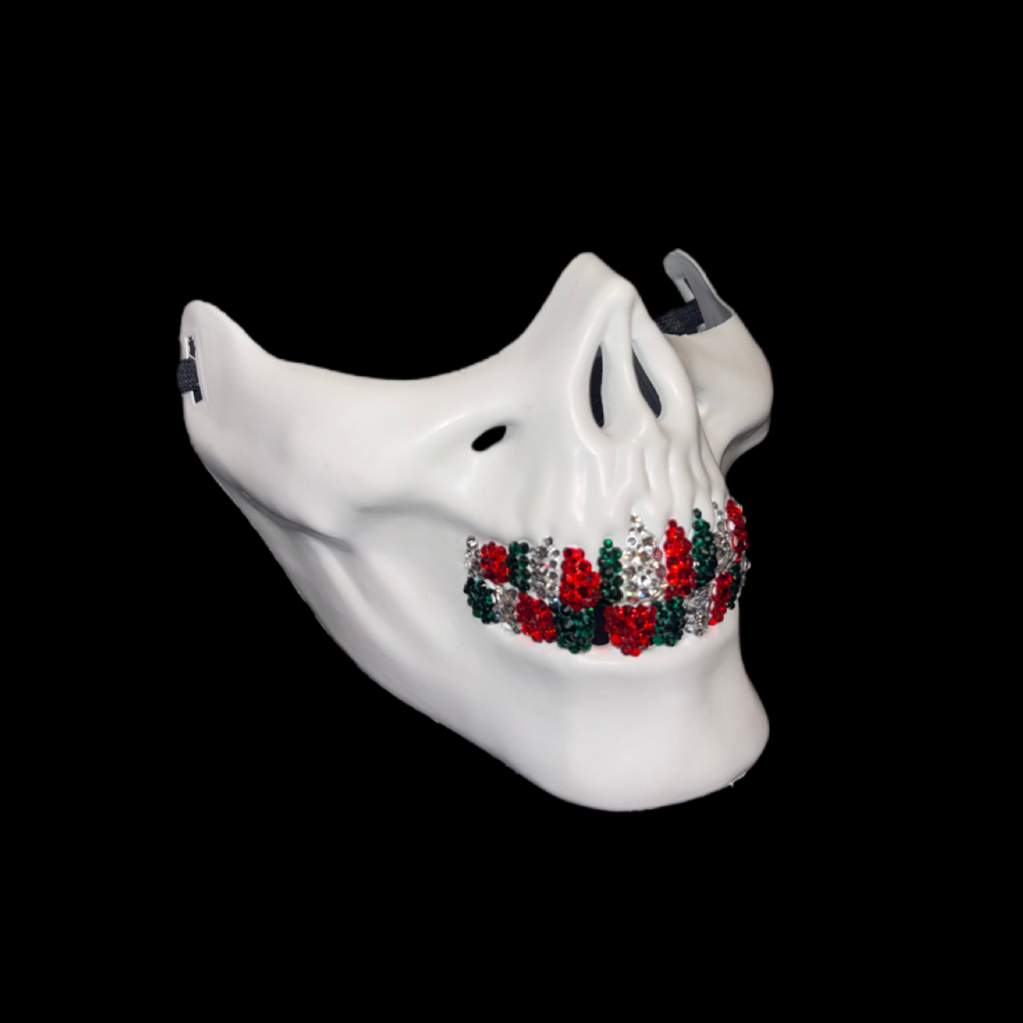 White Half Skull Mask With Emerald Green Red & Crystal Grillz