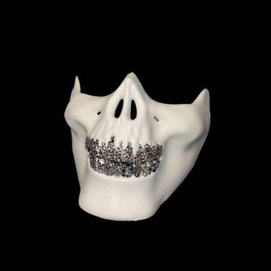White Half Skull Mask With Platinum Silver Crystal Grillz