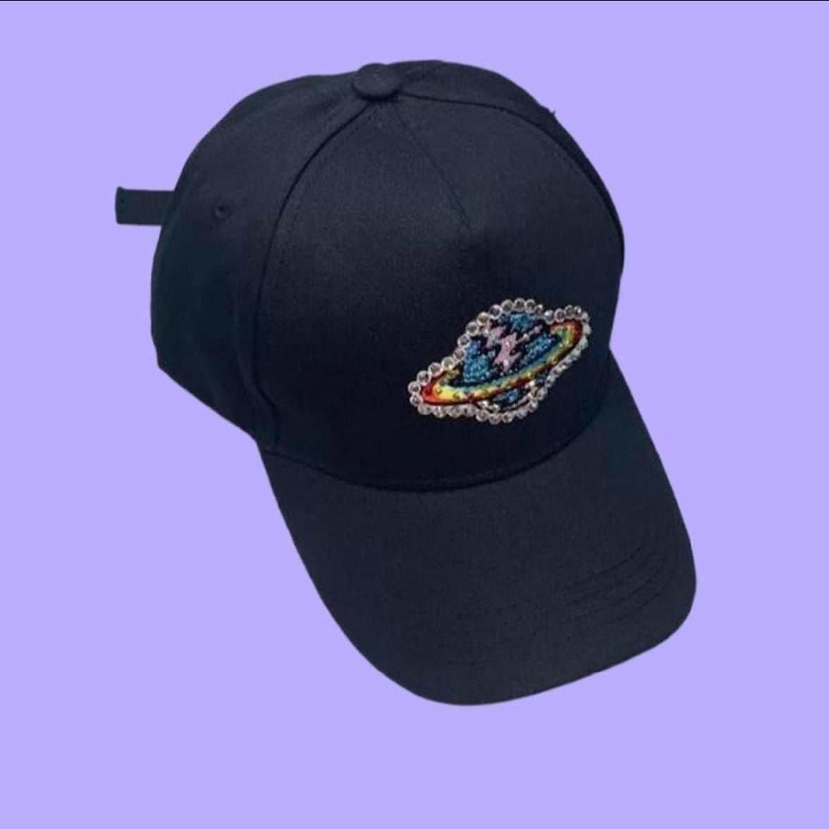 Luxe Crystal Planet Design Black Baseball Hat