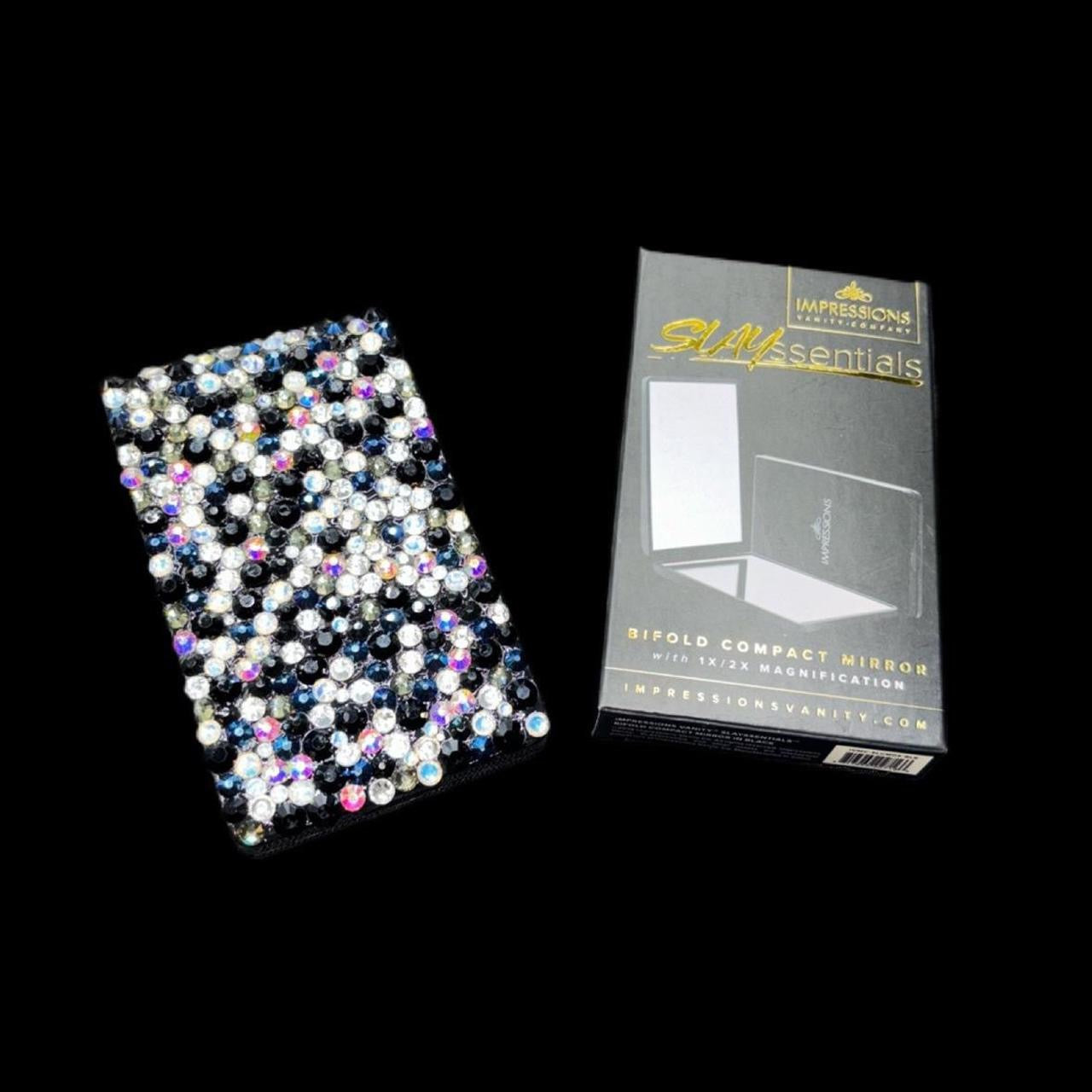 Black Luminous Crystal AB Iridescent Luxe Crystals & Pearls Bling Compact Mirror