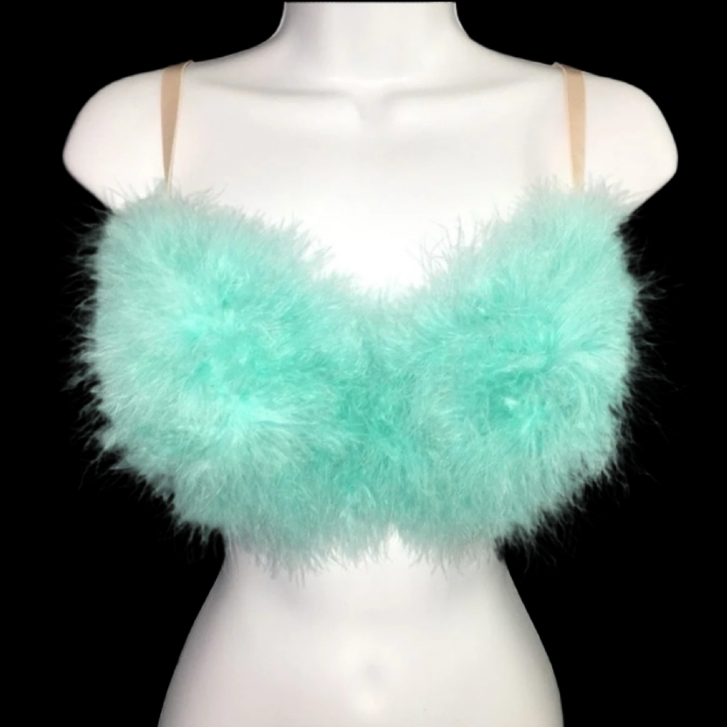 Turquoise Blue Fluffy Feather Bra In Nude