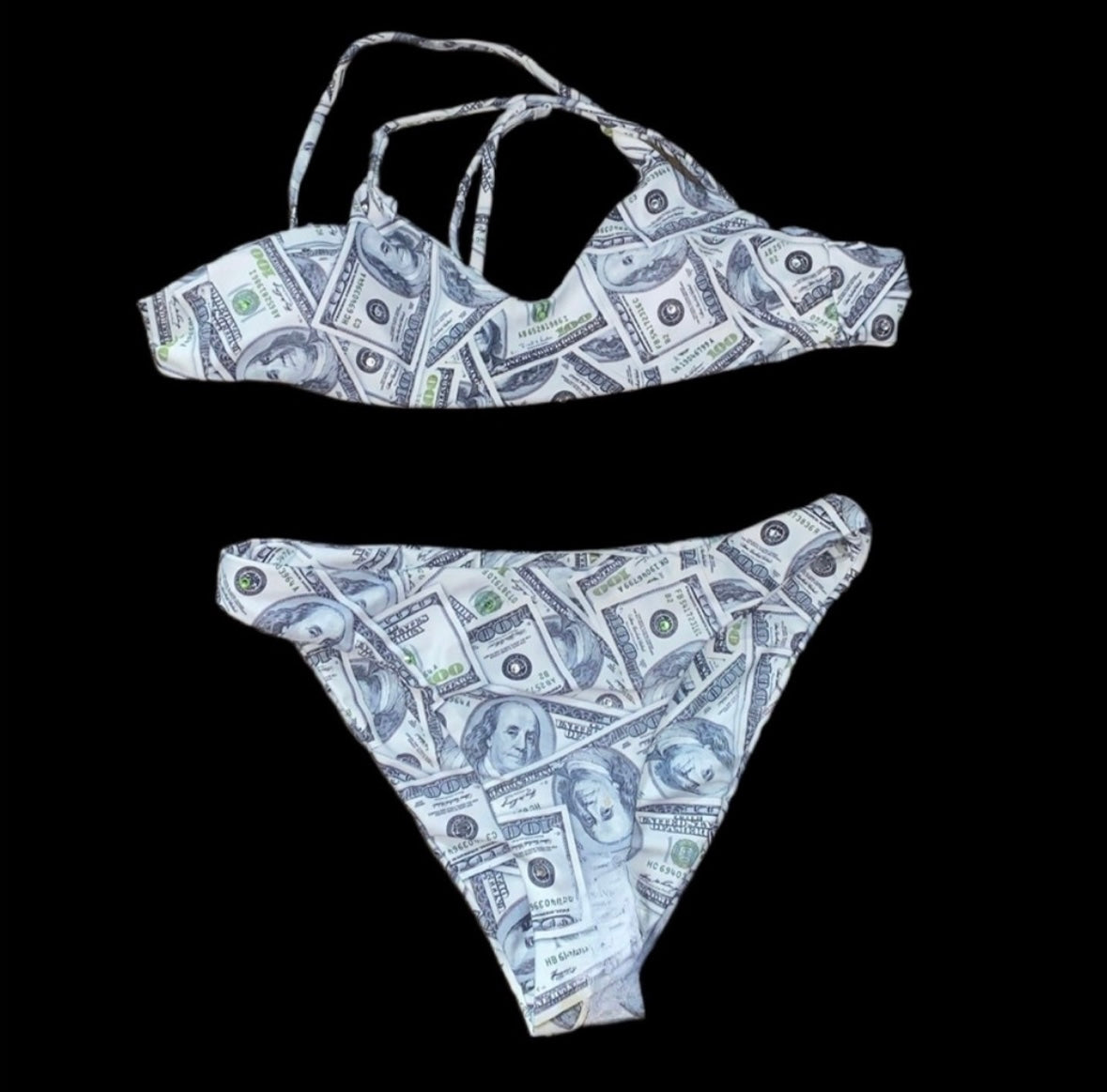 Sparkly Money Print Crop Bikini Size Large