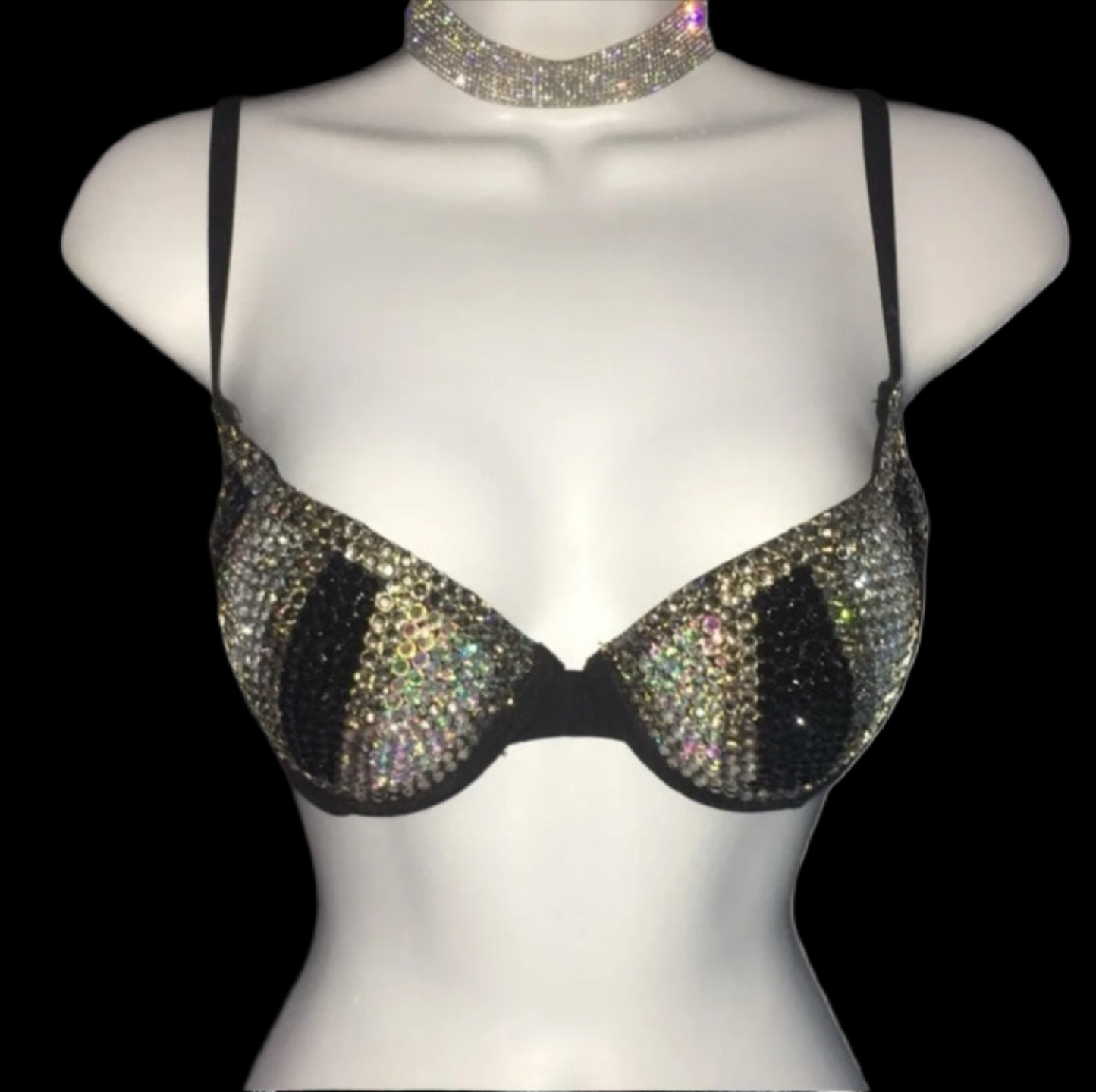 Jet Black Diamond And Crystal AB Iridescent Pinstripe T-Shirt Bra In Black