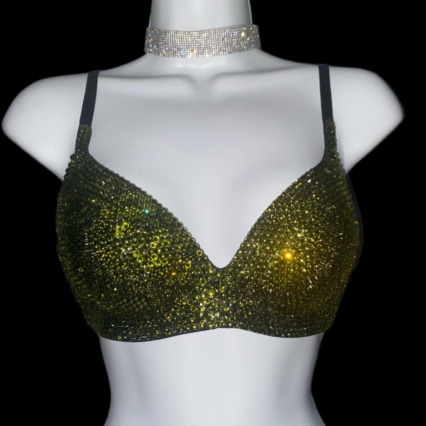 Olive Green Luxe Crystal  Wireless Bra In Black