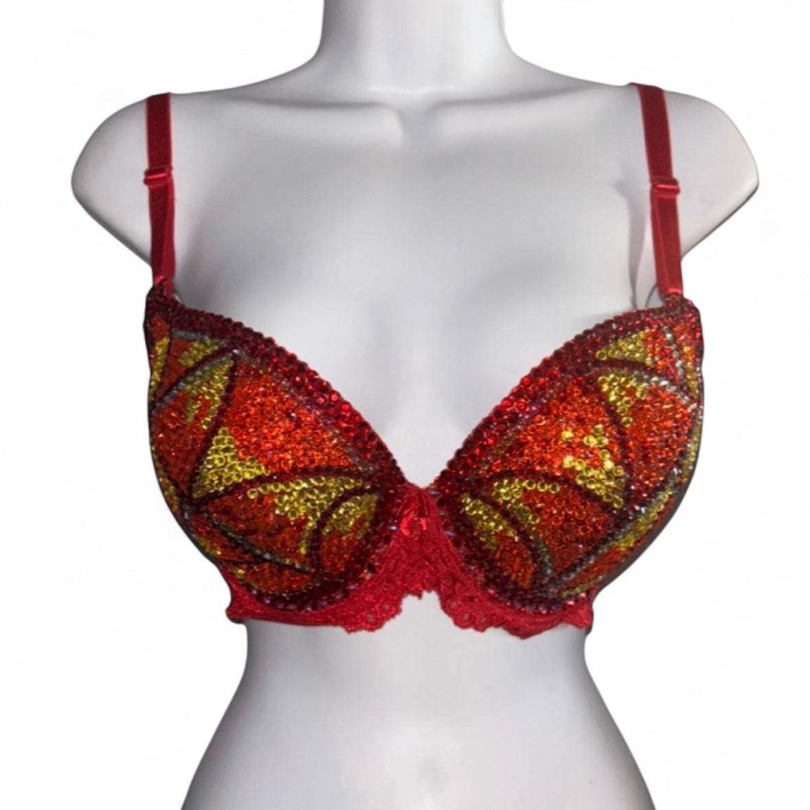 Fire Swirls Red Crystal AB Yellow Orange & Red  Bra Top Size 34DD