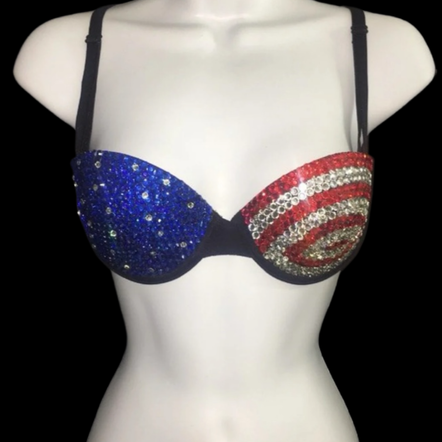 USA Theme Rhinestone Crystal Strapless Bra In Black