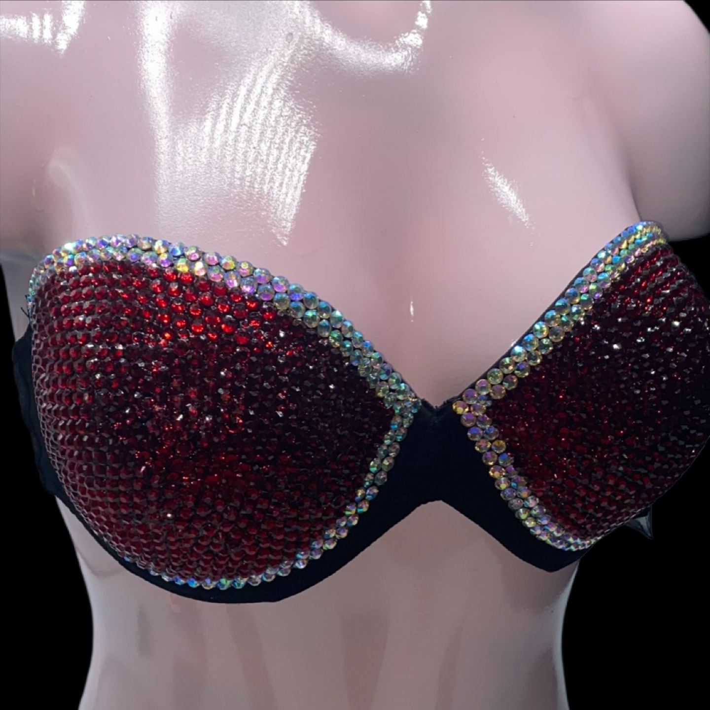 Dark Siam Red Rhinestone & AB Crystal Duo Strapless Bra In Black