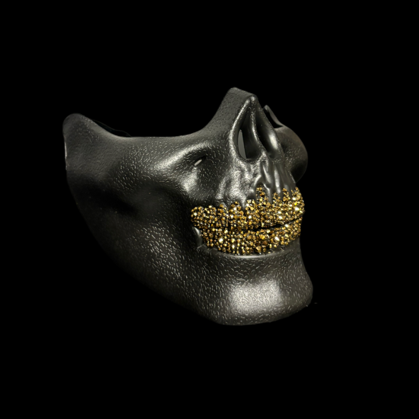 Black Half Skull Mask With Platinum Gold Crystal Grillz