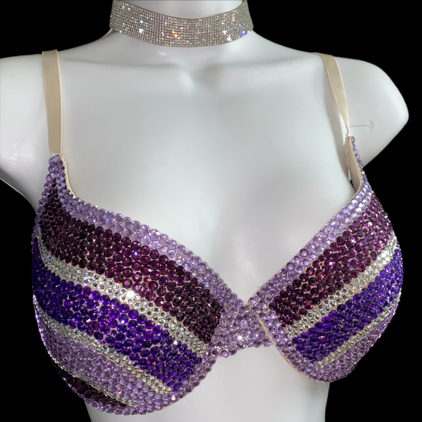 Purple Mix Crystal Rhinestone Pin Stripe T-Shirt Bra In Nude
