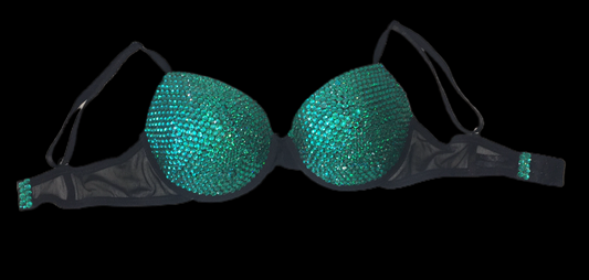 Teal Blue Zircon Crystal Rhinestone T-Shirt Bra In Black