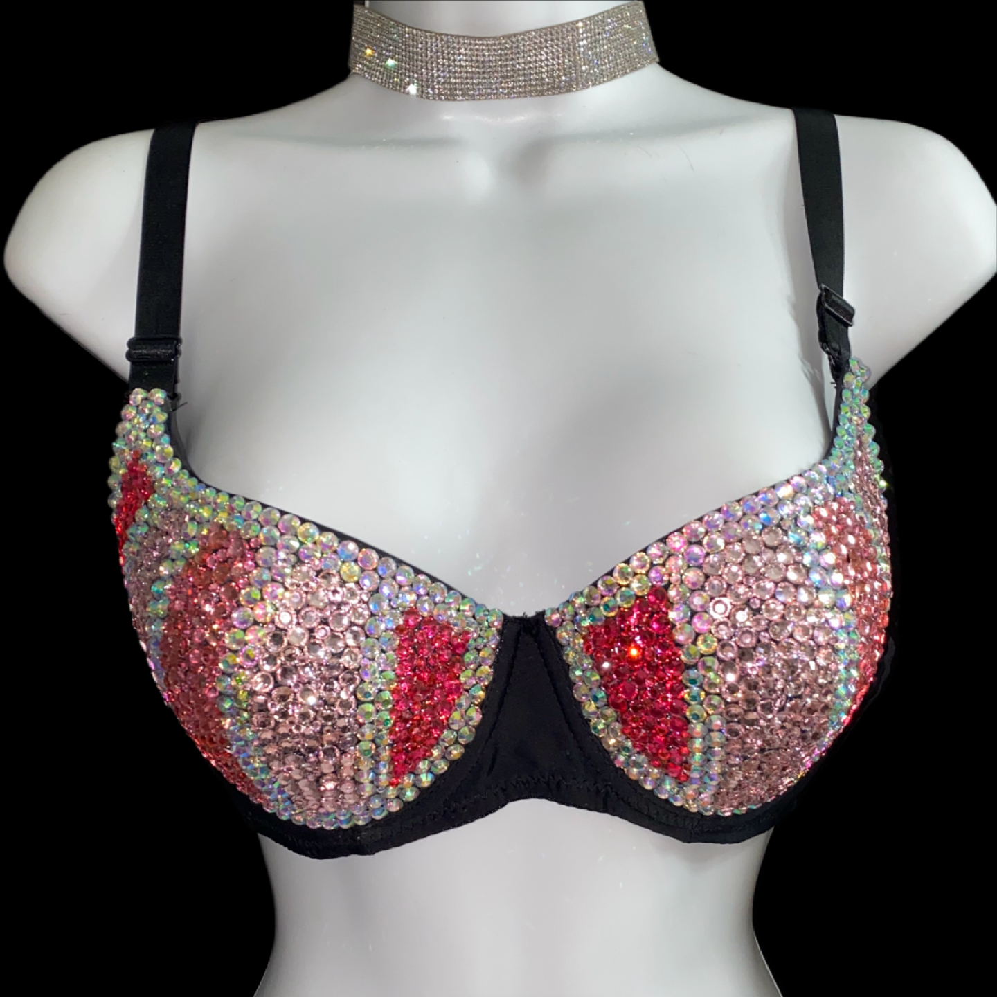 Pink Mix Rhinestone Crystal Pin Stripe T-Shirt Bra In Black