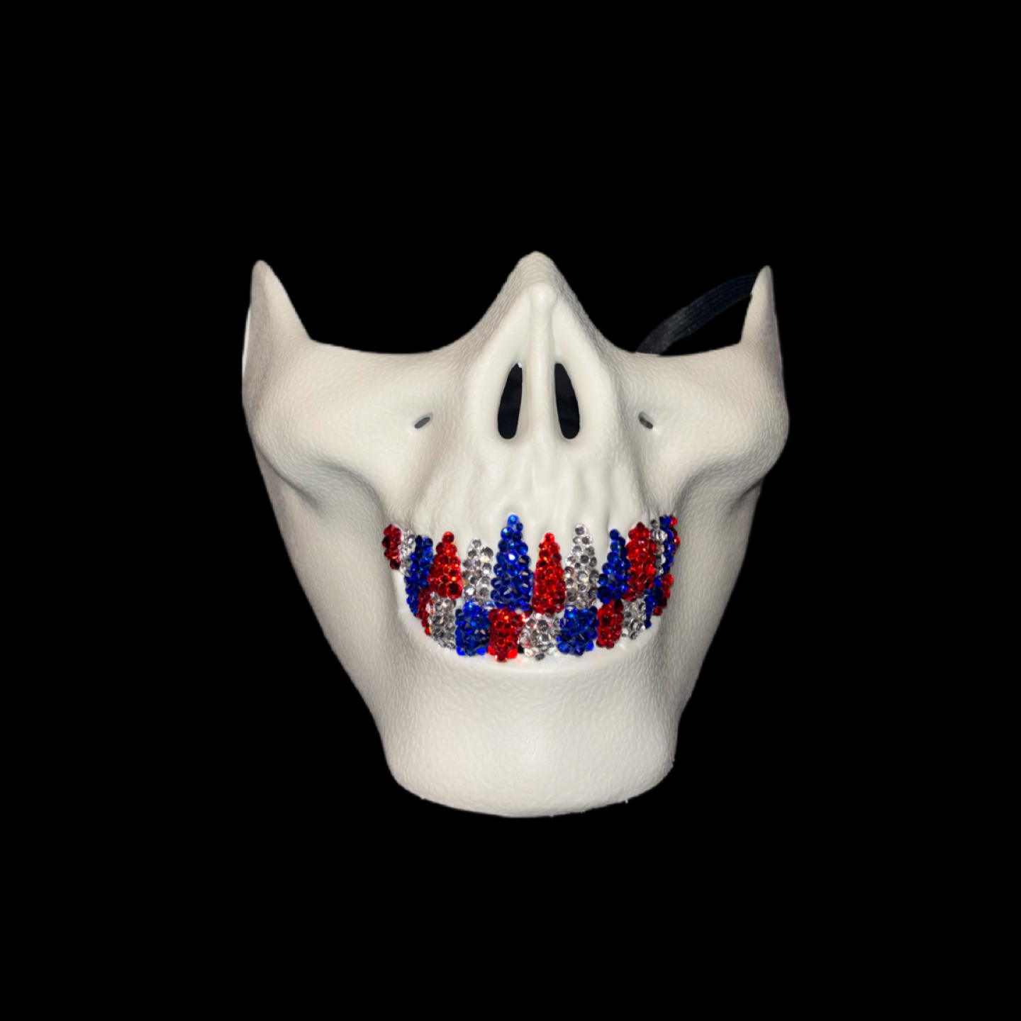 White Half Skull Mask With Sapphire Blue Red & Crystal Grillz
