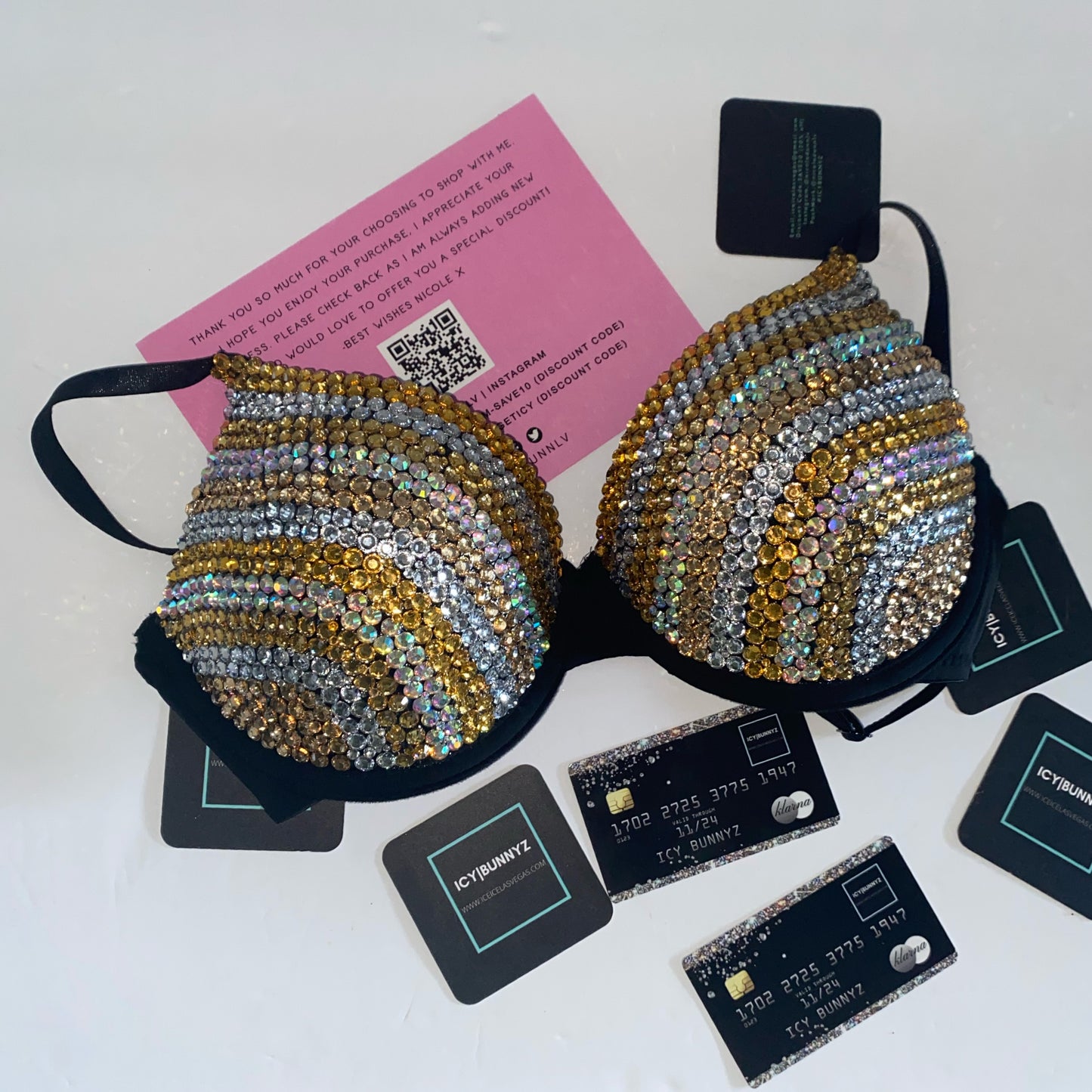 Gold & Black Mix Sidestripe Crystal Rhinestone T-Shirt Bra In Black